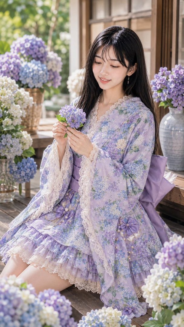 A young woman with long black hair and bangs, wearing a purple floral kimono-style dress, sits outdoors surrounded by hydrangeas.
