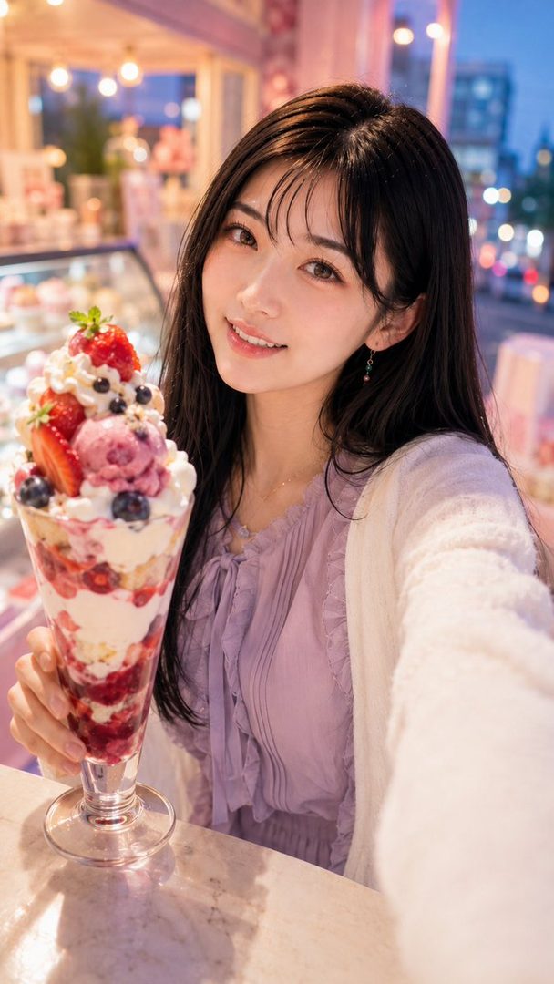 A young woman with long black hair and bangs smiles while holding a large parfait in a brightly lit indoor setting.