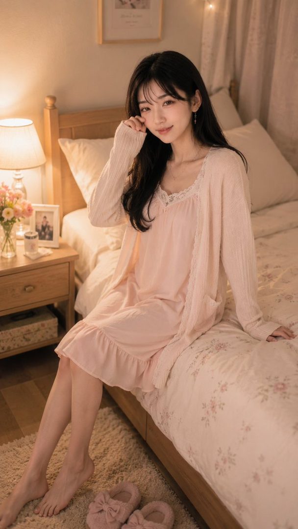 A young woman with long black hair sits on a bed in a cozy bedroom, wearing a pink nightgown and a light pink cardigan.