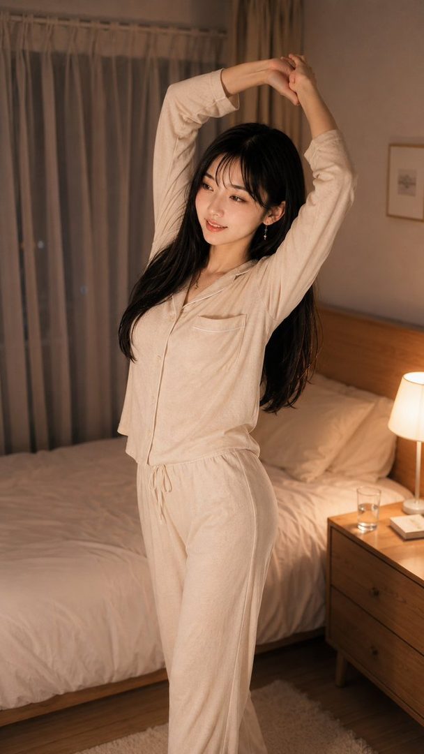 A young woman in light-colored pajamas stretches in a cozy bedroom at night.