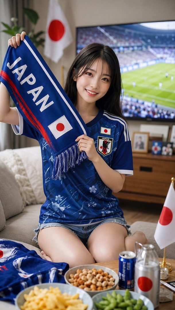 A young woman in a Japan national football team jersey holds a Japan scarf while watching a football match on TV, with snacks and drinks on a table.