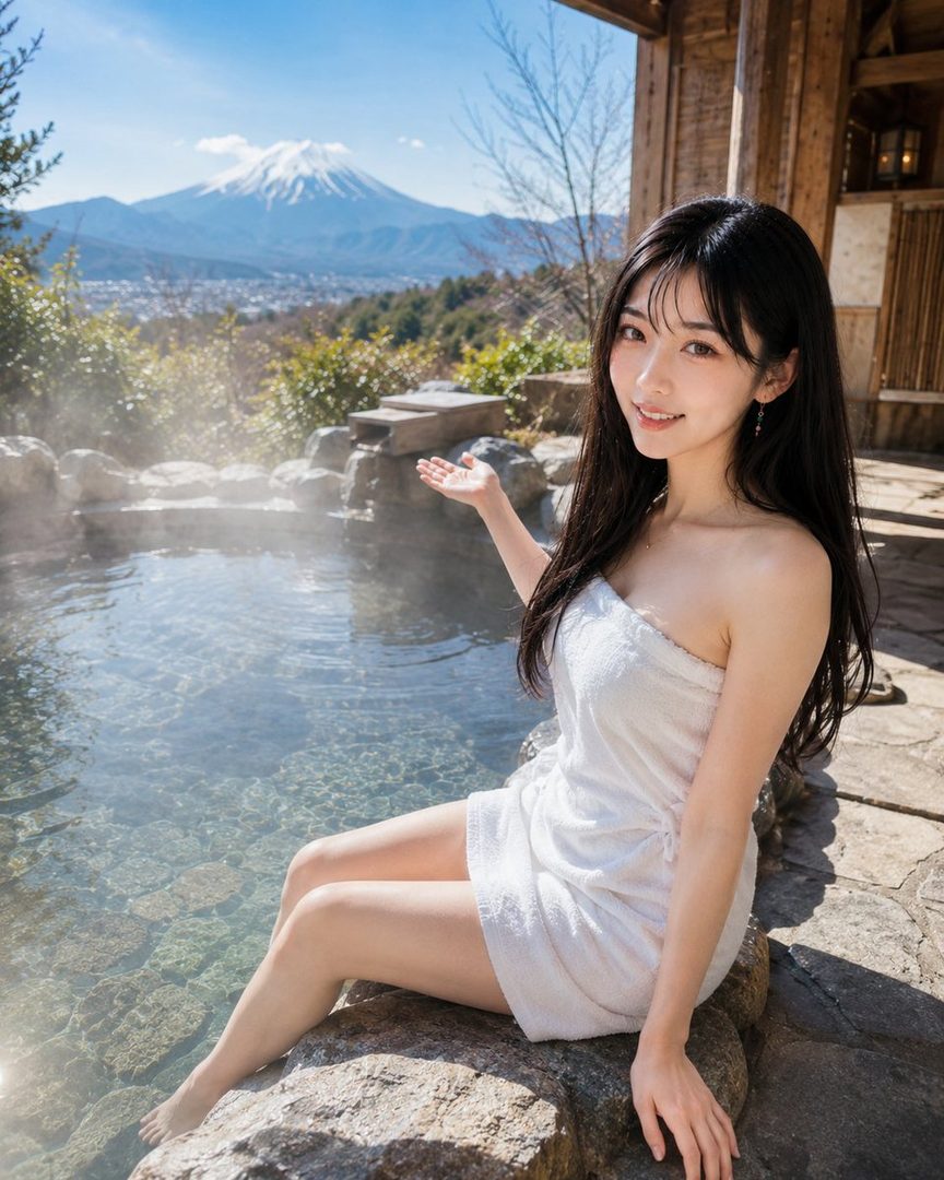 A young woman with long black hair, wrapped in a white towel, sits by an outdoor hot spring with Mount Fuji in the background.