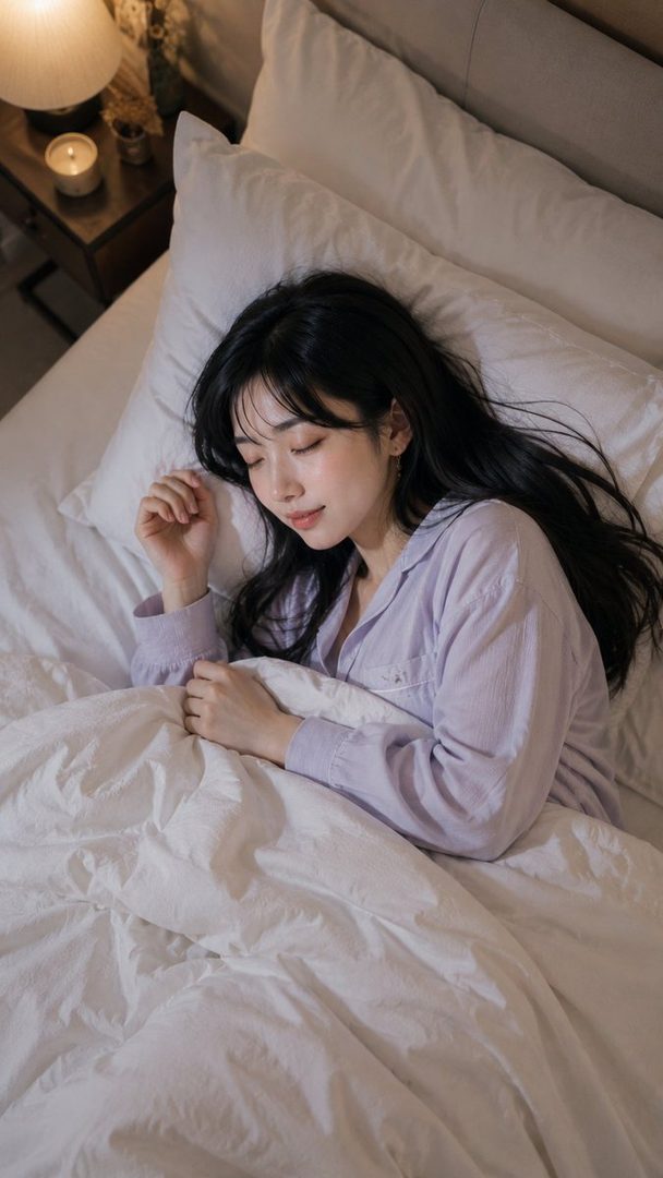 A photorealistic AI-generated image of an East Asian woman with long black hair and bangs, wearing a light purple blouse, sleeping peacefully in a white bed in a cozy bedroom at night.