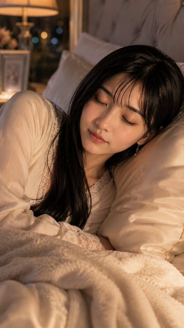A serene portrait of a young woman with long black hair and bangs, sleeping peacefully in a cozy bedroom at night.