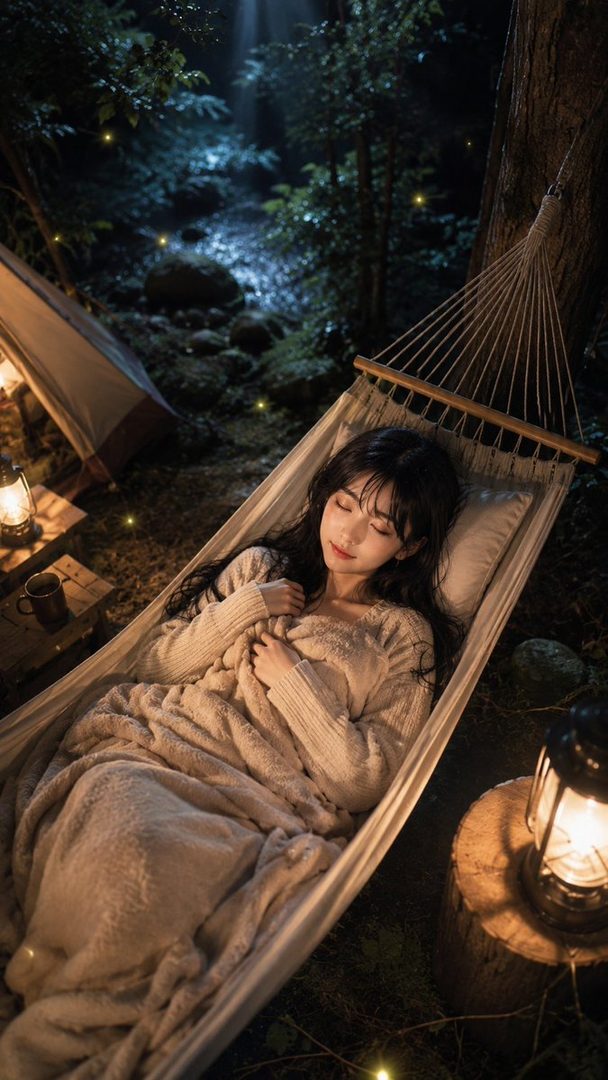 A woman with long black hair is sleeping peacefully in a hammock outdoors at night, covered by a cozy blanket, with lanterns and fireflies illuminating the scene.