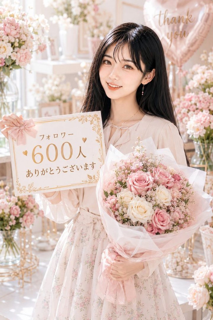 A young woman with long black hair holds a bouquet of pink and white roses and a sign that says "600 followers, thank you" in a room filled with flowers.