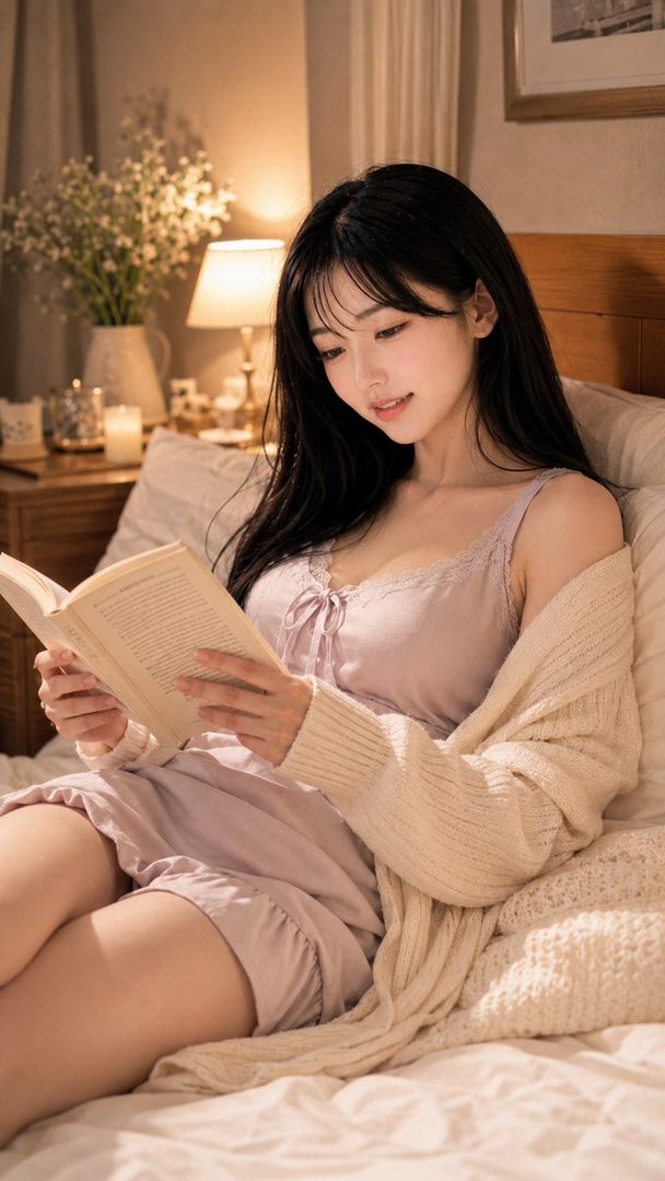 A young woman with long black hair is reading a book in bed, wearing a light purple nightgown and a cream-colored cardigan.