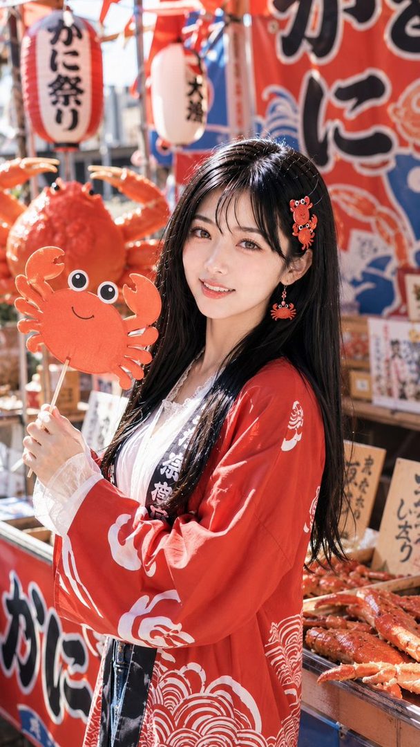 A young woman with long black hair, wearing a red kimono-style top, smiles while holding a crab-shaped cutout at a street market.