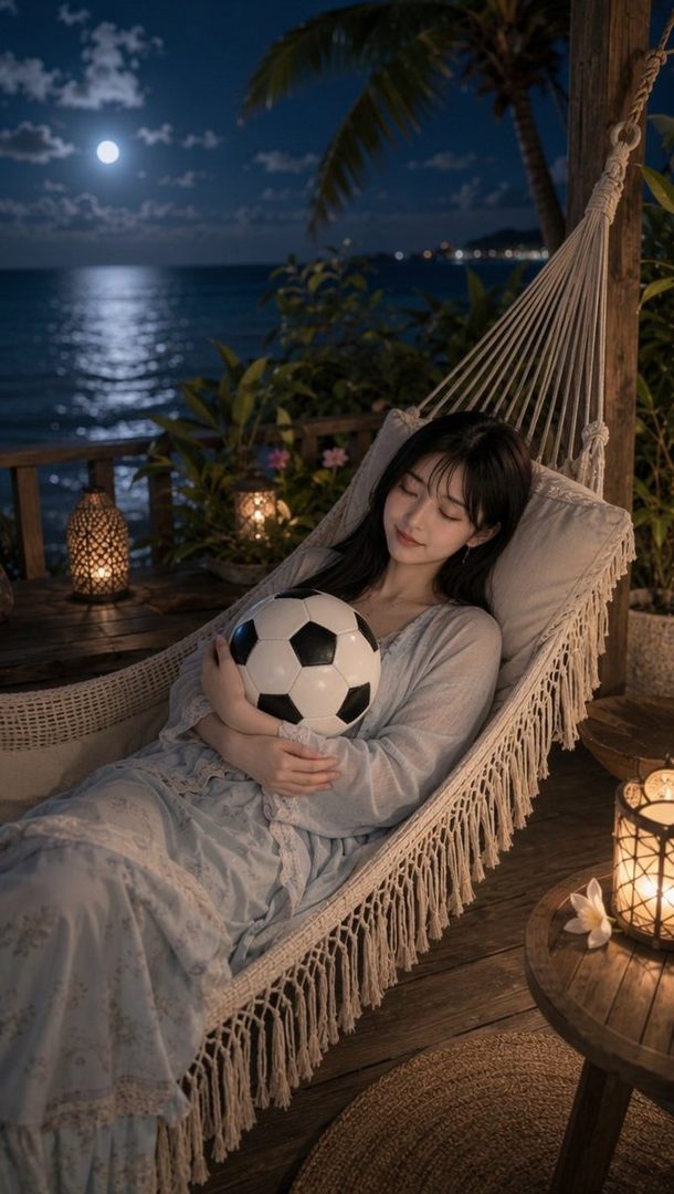A young woman with black hair is relaxing in a hammock on a beach at night, holding a soccer ball, with the moon reflecting on the ocean.