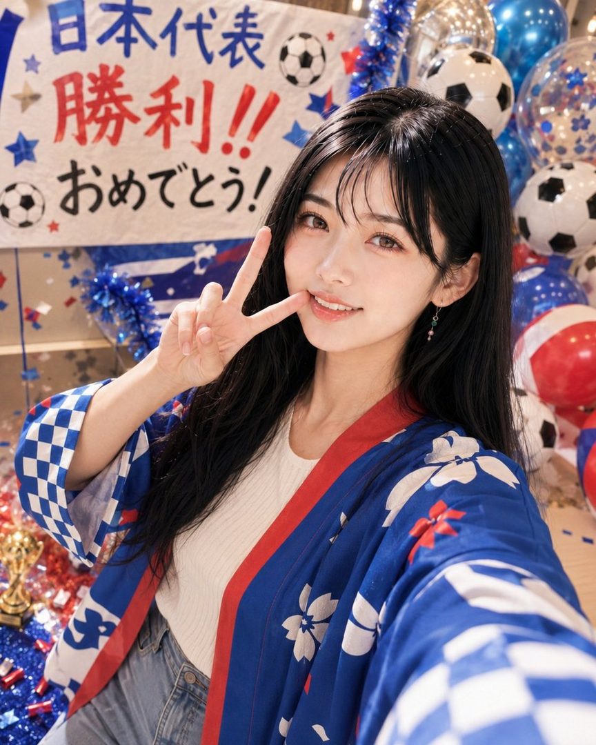 A young woman in a blue and white kimono-style jacket makes a peace sign in front of a banner celebrating Japan's victory in the World Cup, surrounded by soccer ball balloons.