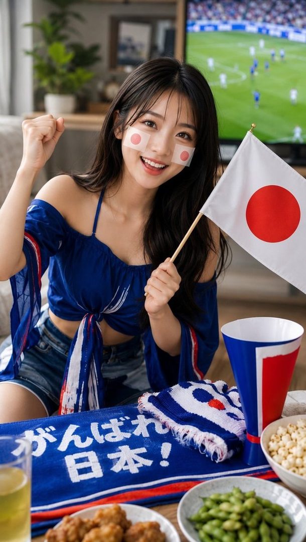 A young woman with long black hair, wearing a blue off-shoulder top and denim shorts, cheers for Japan with a flag and face paint while watching a soccer game on TV.