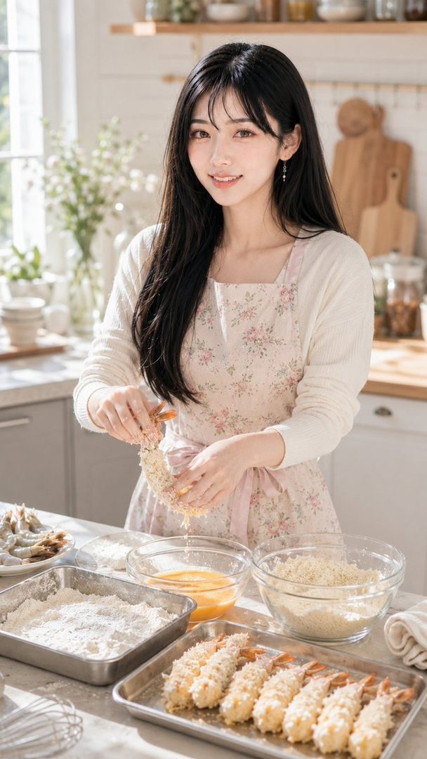 A beautiful East Asian woman with long black hair smiles while preparing breaded shrimp in a bright kitchen.