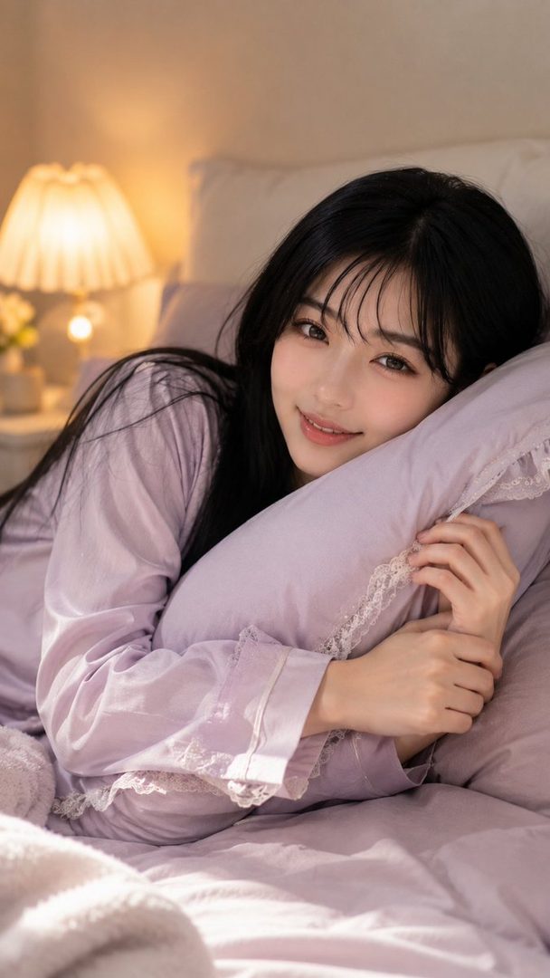 A beautiful East Asian woman with long black hair and bangs is lying in bed, wearing a light purple long-sleeved top, and smiling gently at the camera.