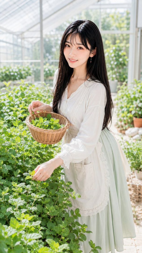 A beautiful woman with long black hair is smiling while picking mint leaves in a greenhouse.