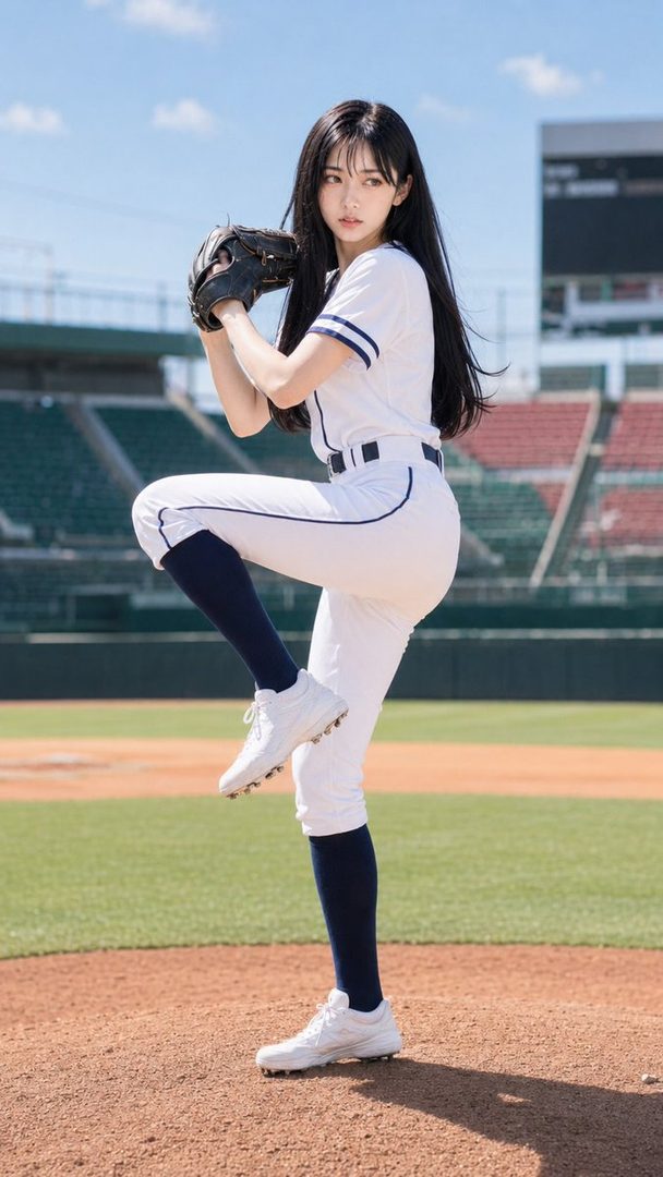 A photorealistic AI-generated image of a young East Asian woman in a white baseball uniform with a glove, posing on a baseball field.