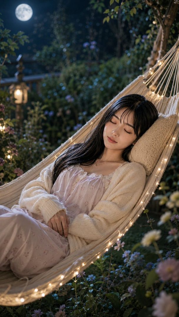 A serene East Asian woman with long black hair sleeps peacefully in a hammock adorned with string lights in a moonlit garden.