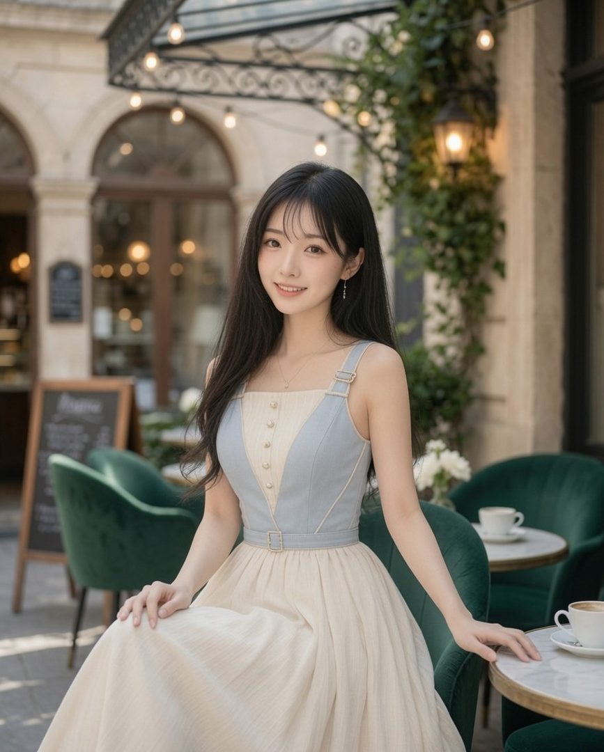 A young woman with long black hair and bangs, wearing a light blue and cream dress, smiles while sitting at an outdoor cafe table.