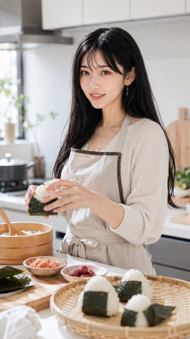 A young woman with long black hair and bangs, wearing an apron and a light-colored knit top, is making onigiri in a bright kitchen.