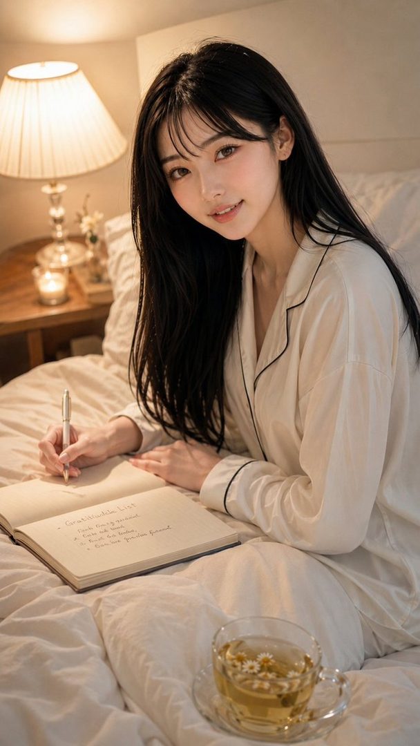 A beautiful East Asian woman with long black hair and bangs, wearing white pajamas, writes in a journal in bed with a cup of chamomile tea nearby.