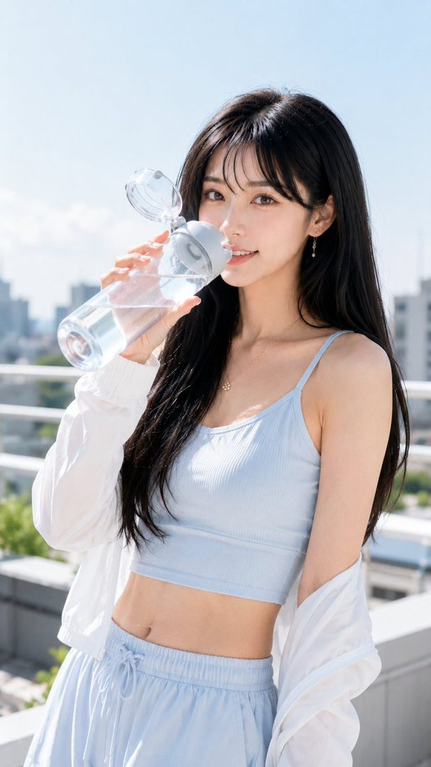 A young woman with long black hair and bangs, wearing a light blue crop top and shorts, drinks water from a bottle outdoors on a sunny day.