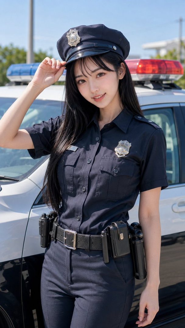 A young woman in a police uniform and cap stands outdoors next to a police car, smiling at the camera.