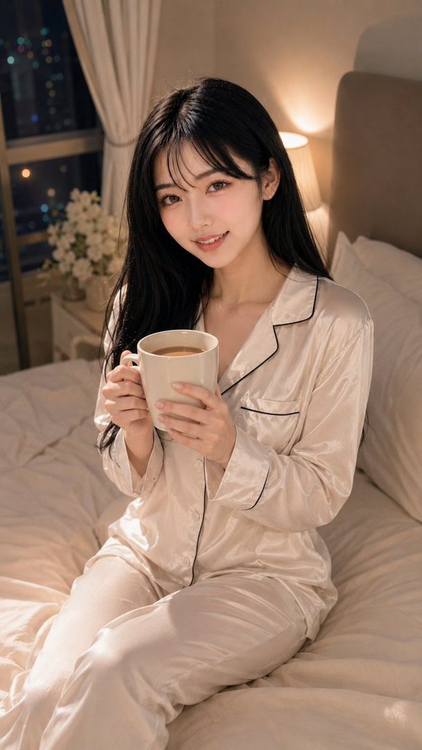 A young woman with long black hair and bangs, wearing light-colored pajamas, sits on a bed at night, holding a mug and smiling gently.