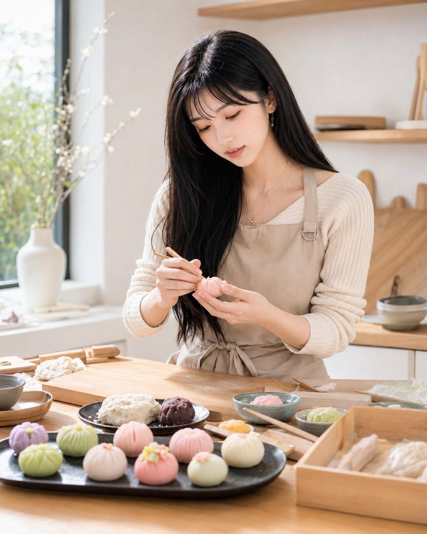 A young woman with long black hair and bangs, wearing a beige apron over a cream-colored knit top, is meticulously decorating wagashi (Japanese sweets) with chopsticks in a bright, modern kitchen.