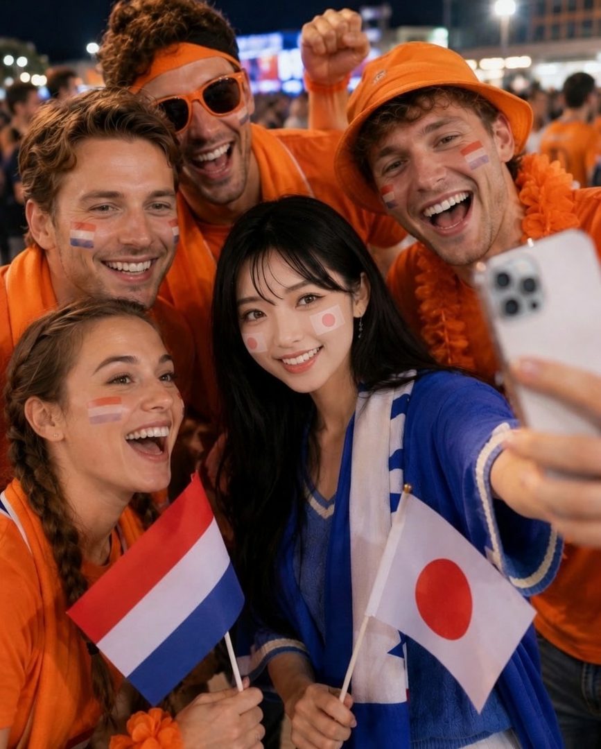 A group of friends, including an East Asian woman and Western individuals, take a selfie at night while holding Dutch and Japanese flags, celebrating the World Cup.