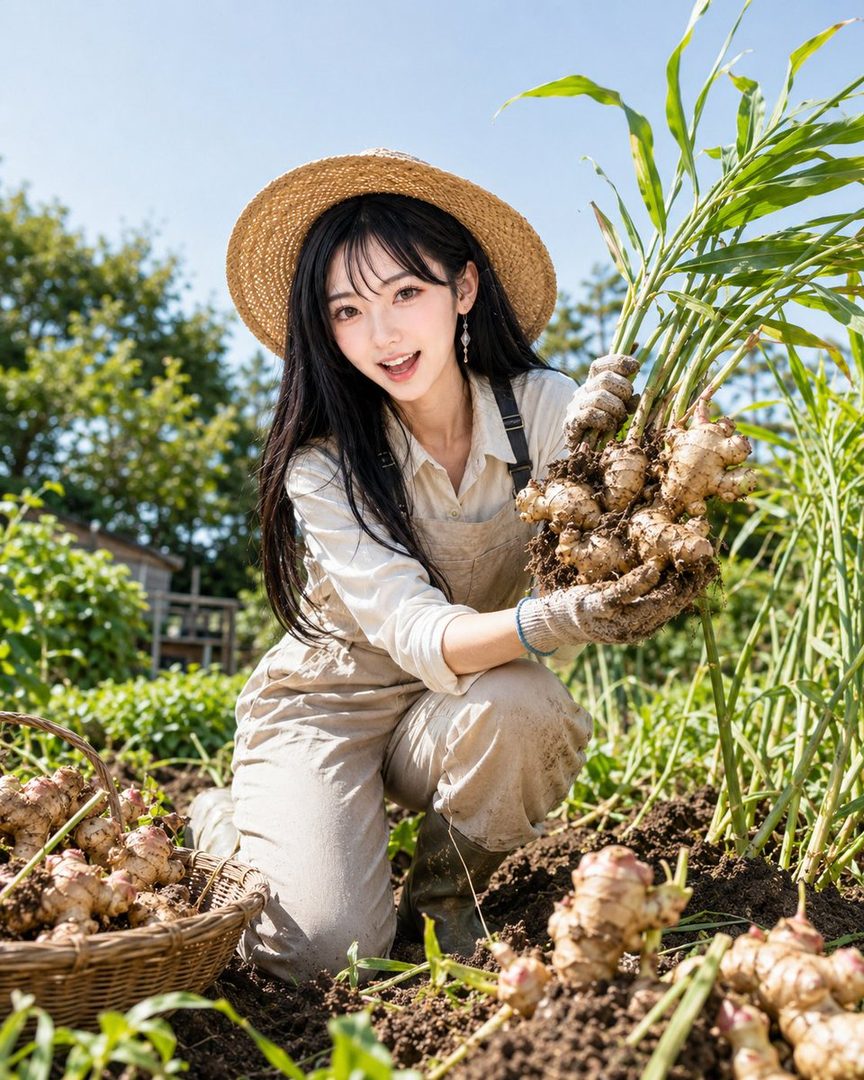 A young woman with long black hair and a straw hat is kneeling in a garden, holding freshly harvested ginger roots with dirt on her gloved hands.