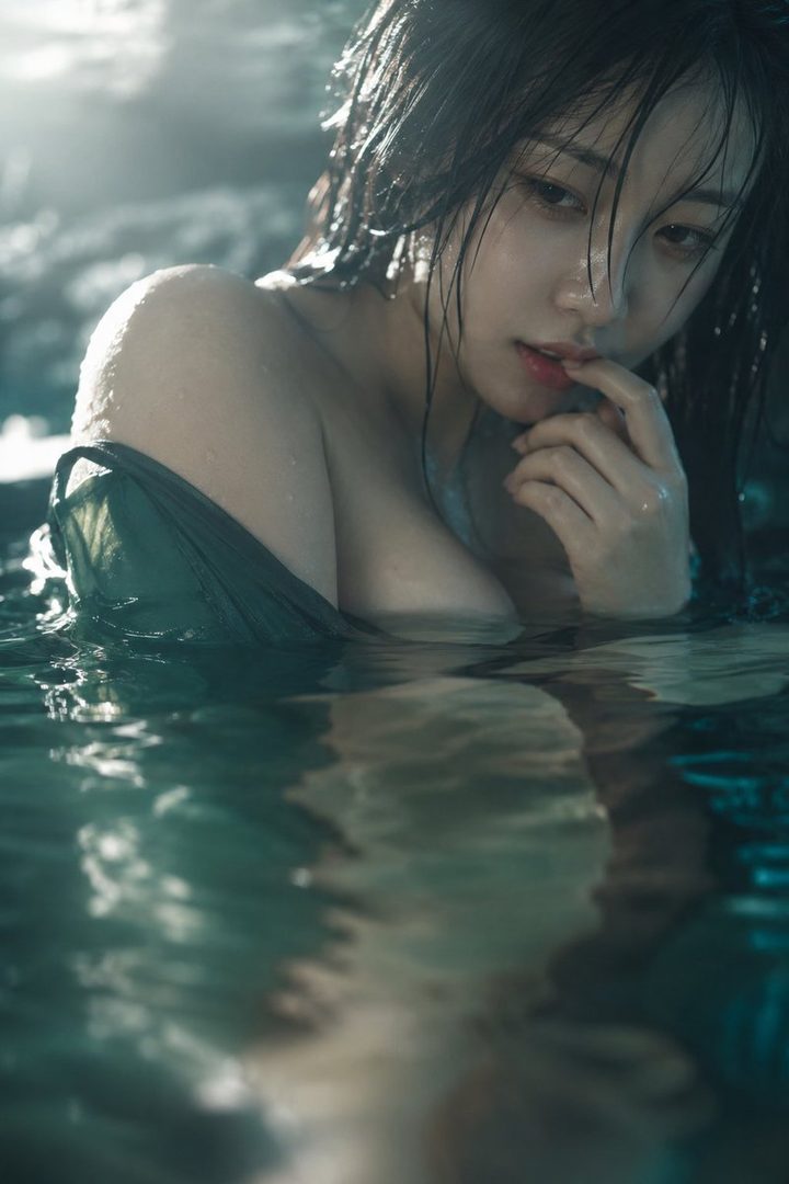 A photorealistic portrait of a Korean woman with wet black hair, partially submerged in water, with a suggestive pose.