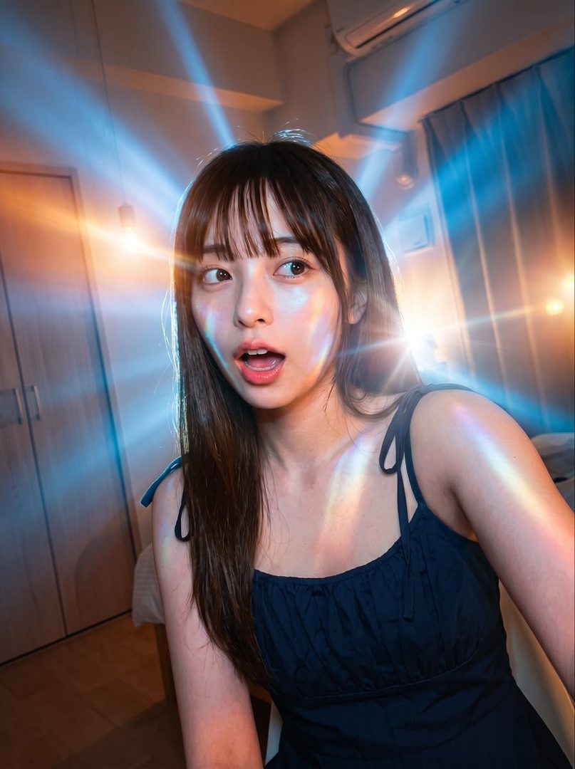 A young woman with long brown hair and bangs looks surprised, illuminated by colorful light rays in an indoor setting.