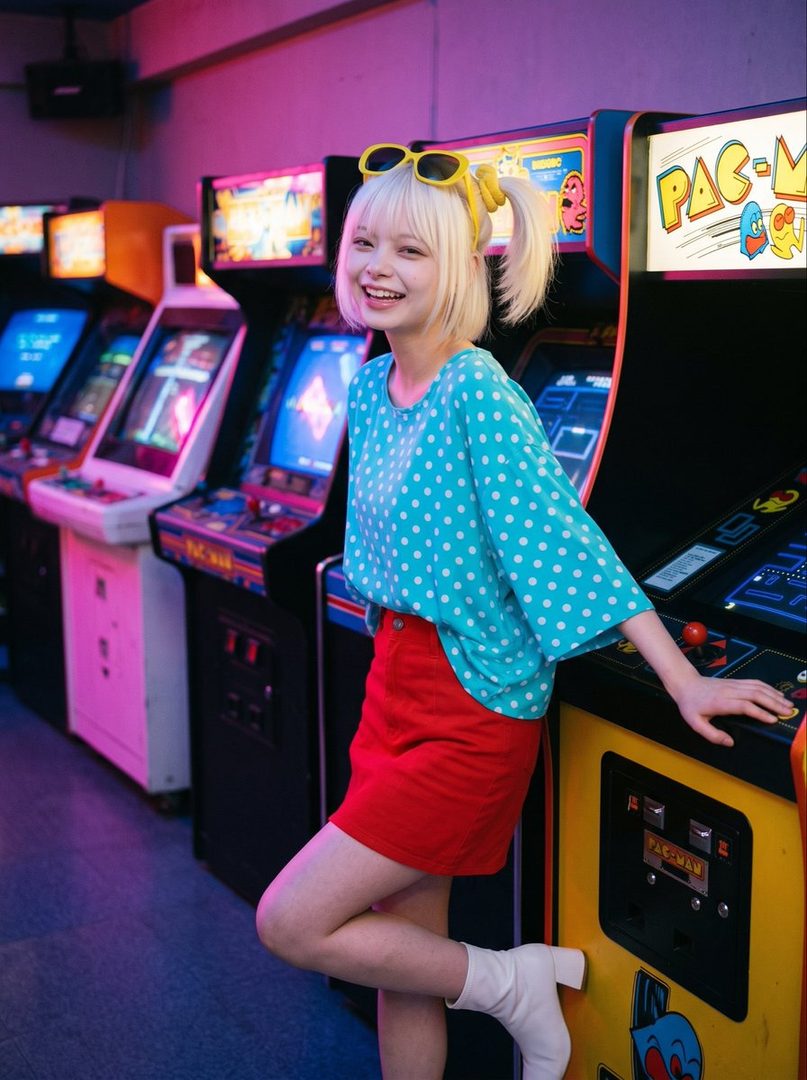 A young woman with blonde twintails and bangs, wearing a blue polka dot top and red skirt, smiles brightly while leaning against a Pac-Man arcade machine in a retro arcade.