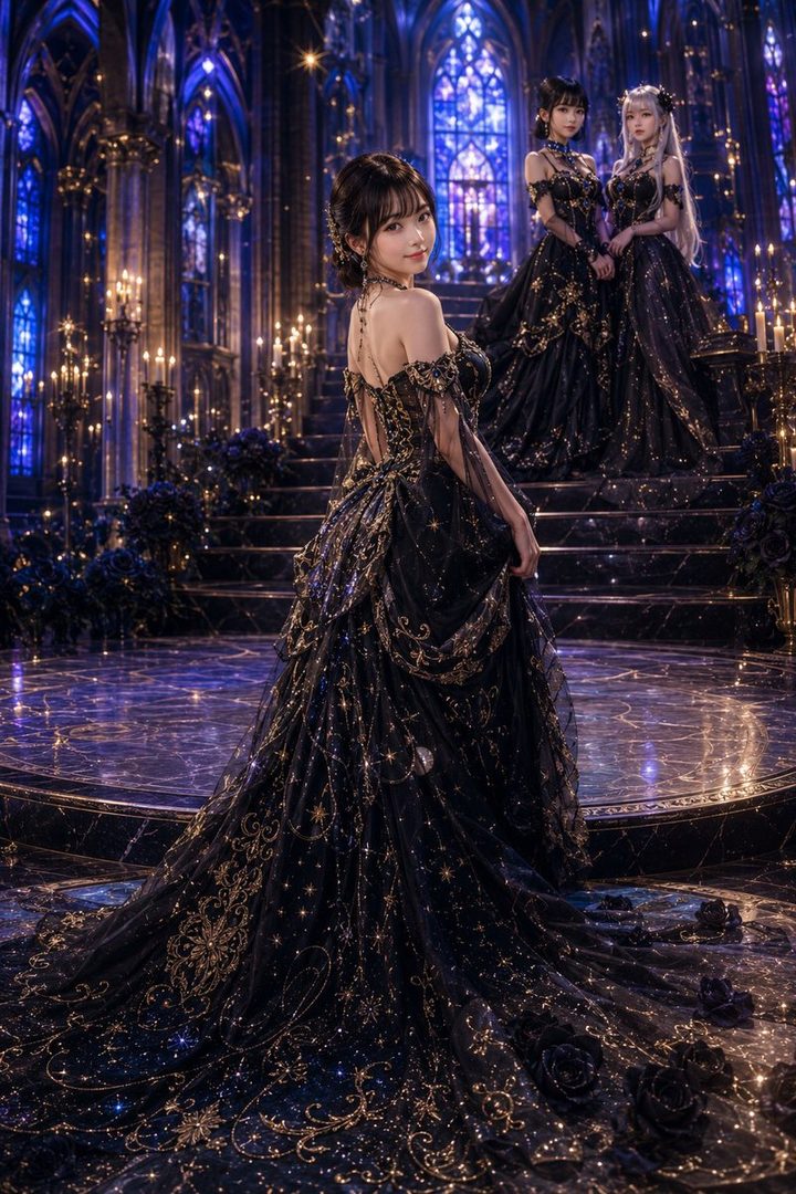 Three women in elaborate black and gold gowns pose in a grand, gothic-style hall with stained glass windows and many candles.