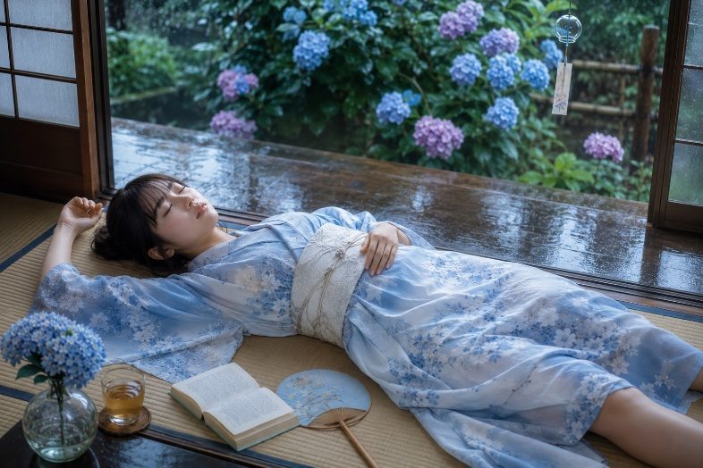 A young woman in a blue yukata is sleeping on a tatami mat by a window, with a rainy garden and hydrangeas visible outside.