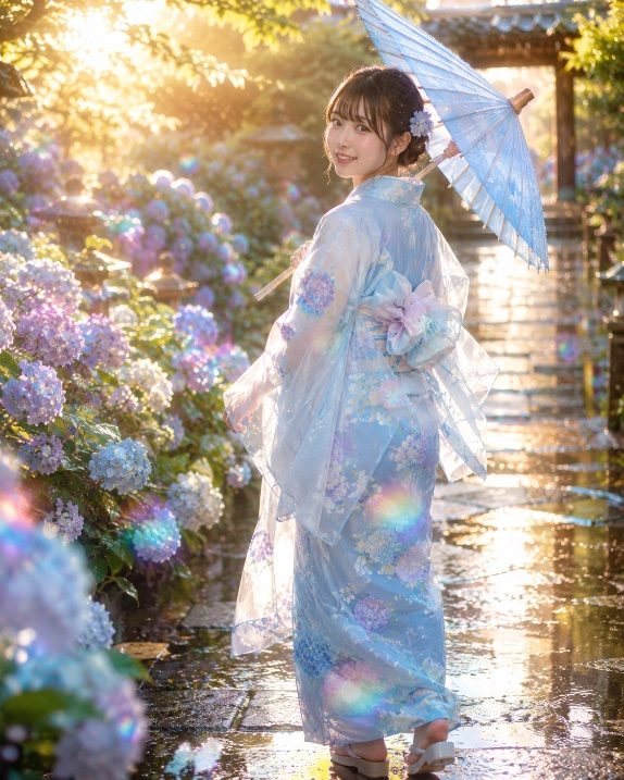 A young woman in a light blue kimono with floral patterns walks through a garden path lined with hydrangeas, holding a matching parasol, with golden hour sunlight filtering through the trees.