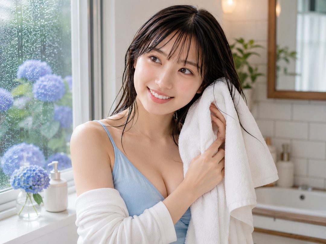 A young woman with wet black hair is drying it with a white towel, smiling gently while standing by a window with raindrops and hydrangeas outside.