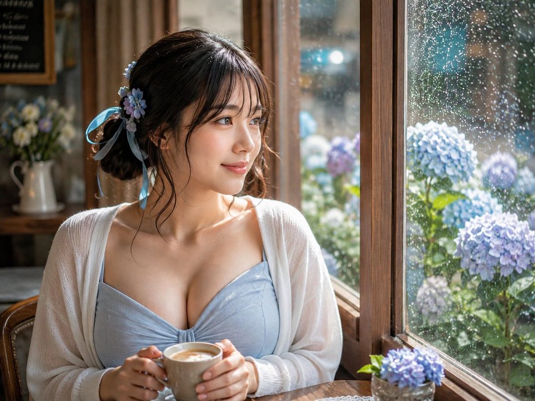 A beautiful woman with black hair and a light blue top sits by a window, holding a cup of coffee, with hydrangeas visible outside in the rain.