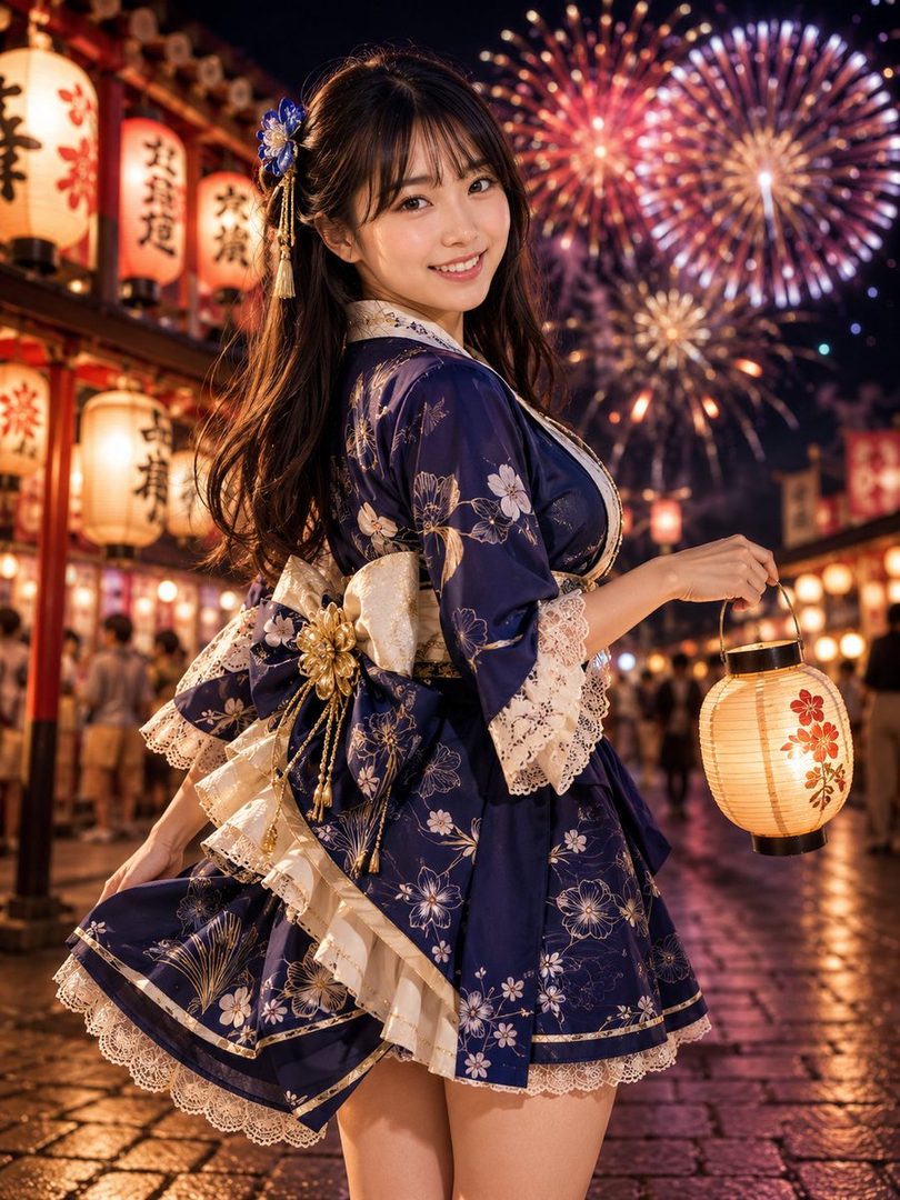 A young woman in a blue kimono-style dress holds a lantern on a street at night with fireworks in the background.