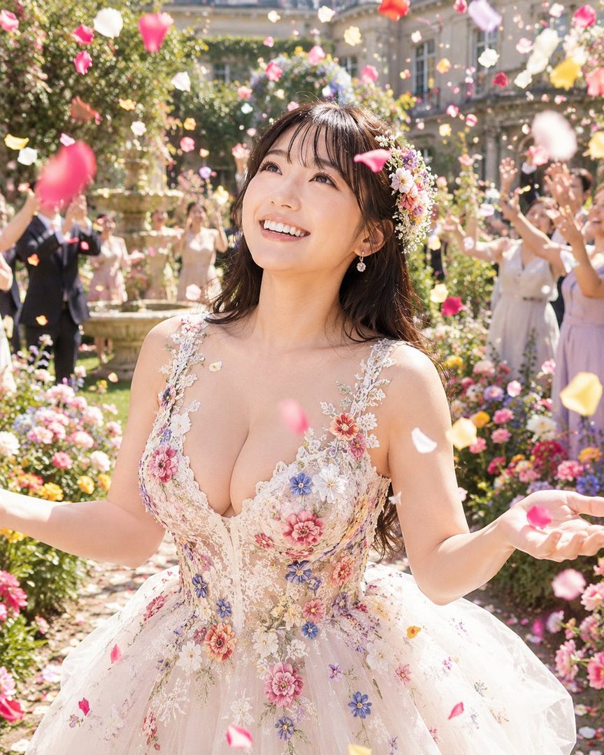 A beautiful woman in a floral dress smiles joyfully as flower petals fall around her in a garden setting.