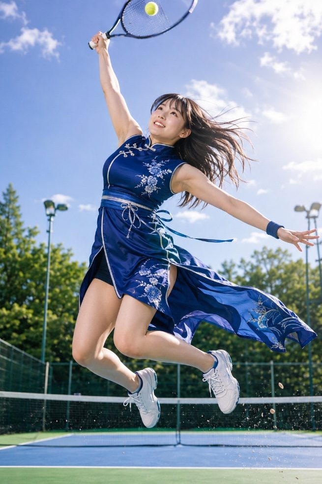 A young woman in a blue Chinese-style tennis uniform jumps to hit a tennis ball on an outdoor court.