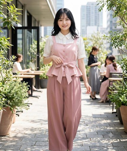 A young woman with black hair smiles while wearing a pink jumpsuit and white blouse outdoors at a cafe.