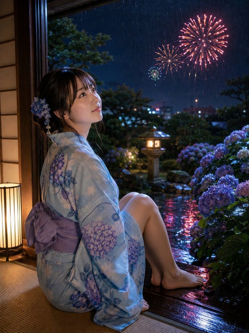A woman in a light blue yukata with purple floral patterns sits by a window, looking up at fireworks in the night sky, with hydrangeas and a traditional lantern visible outside.