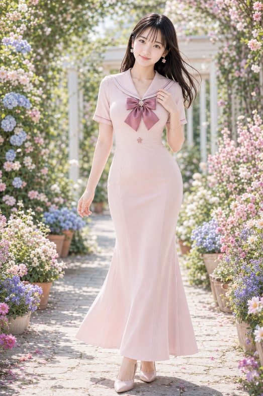 A beautiful woman in a pink dress with a bow stands in a flower-filled garden path, smiling gently.