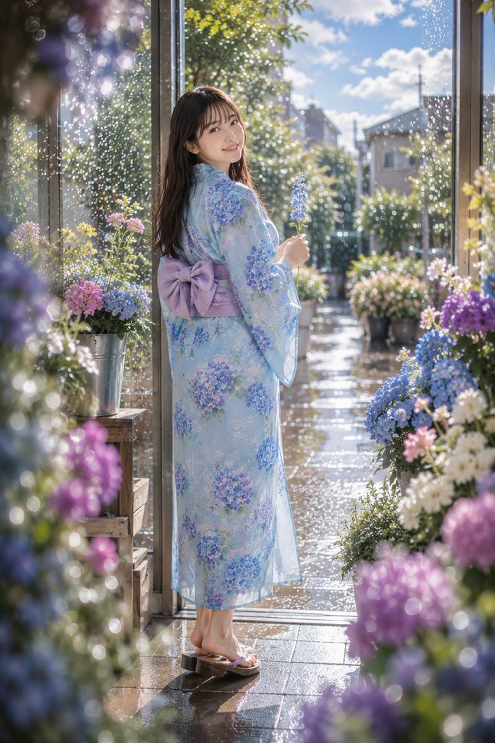 A young woman in a light blue yukata with hydrangea patterns stands outside a flower shop, holding a purple flower, with a gentle smile.