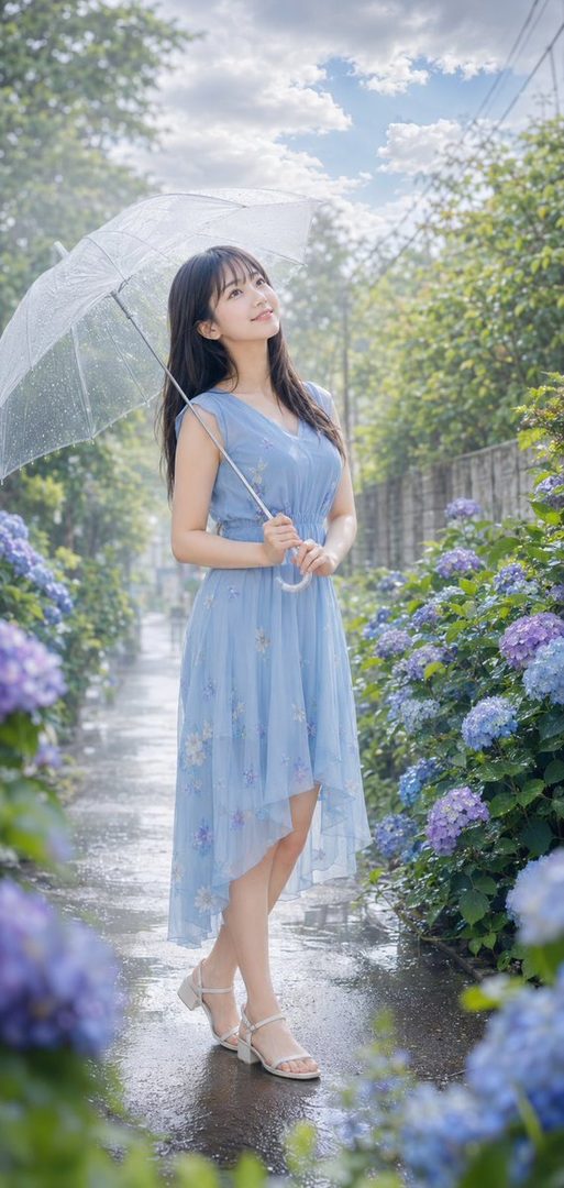 A young woman in a light blue dress holds a clear umbrella on a rainy day, surrounded by purple hydrangeas.