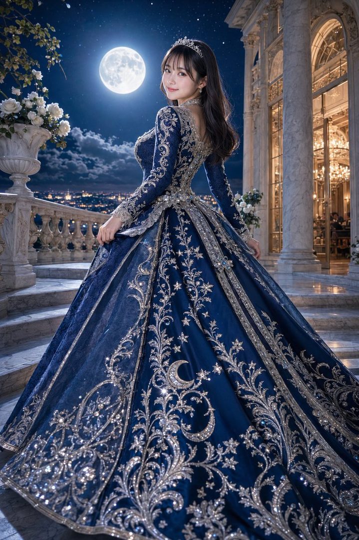A woman in an elaborate blue and silver gown stands on a balcony at night, with a full moon and city lights in the background.