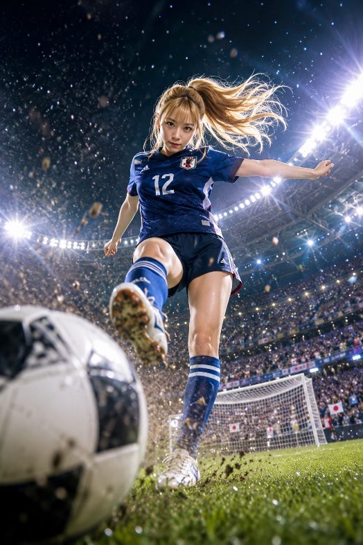 A blonde woman in a blue Japan soccer jersey kicks a soccer ball on a stadium field at night.