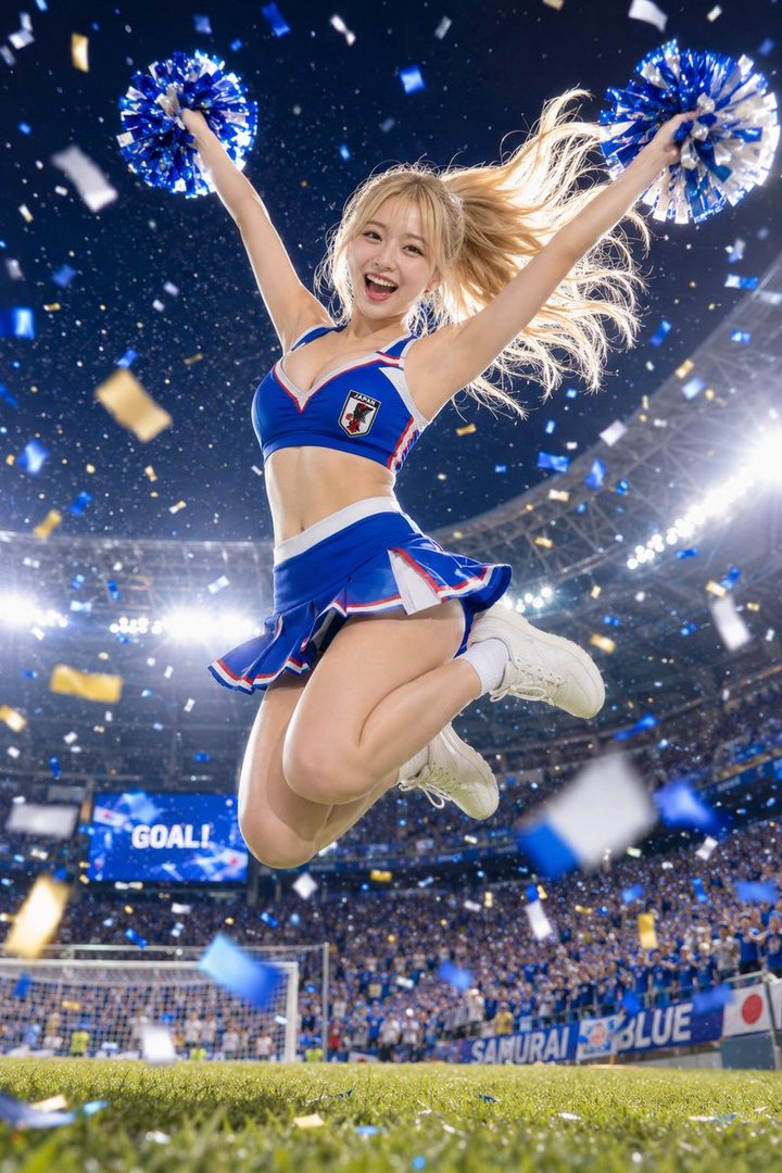 A blonde woman in a blue and white cheerleader uniform jumps in a stadium filled with confetti, holding blue pom-poms.