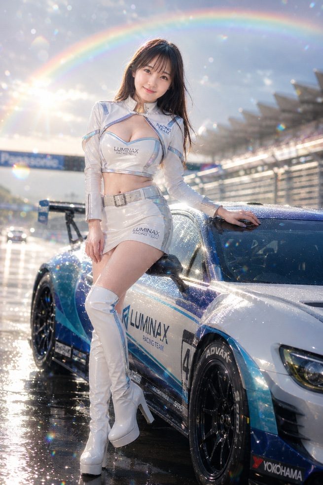 A photorealistic AI-generated image of a race queen in a white and blue outfit posing next to a race car on a wet track with a rainbow in the background.
