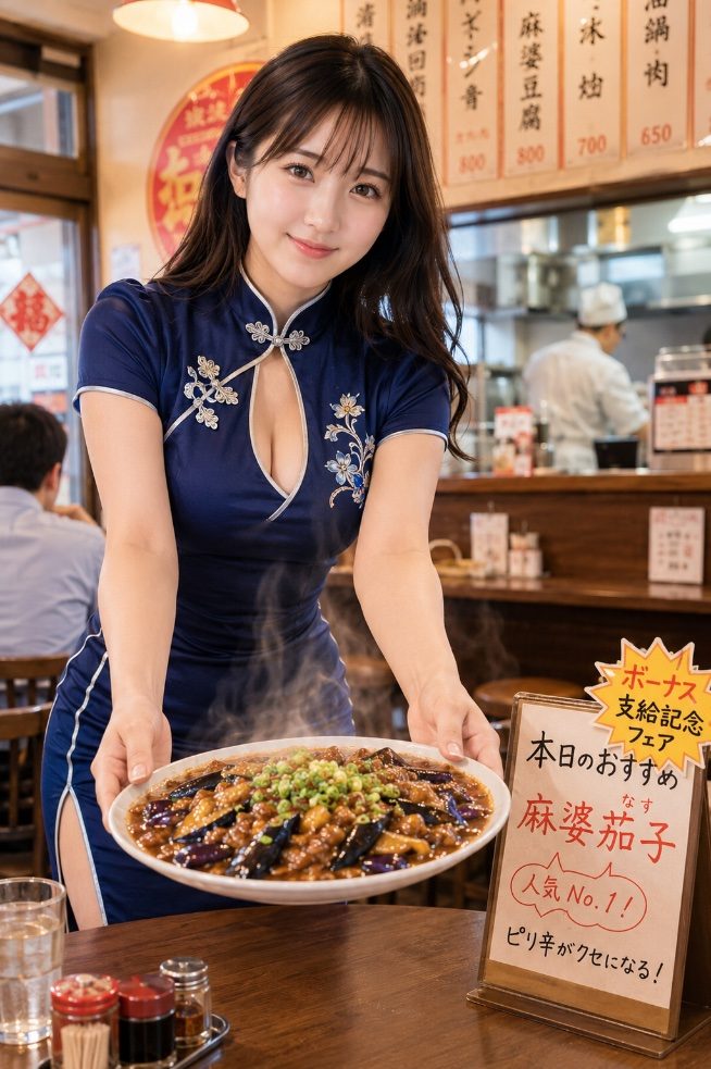 A smiling woman in a blue cheongsam dress holds a steaming plate of mapo eggplant in a Chinese restaurant.